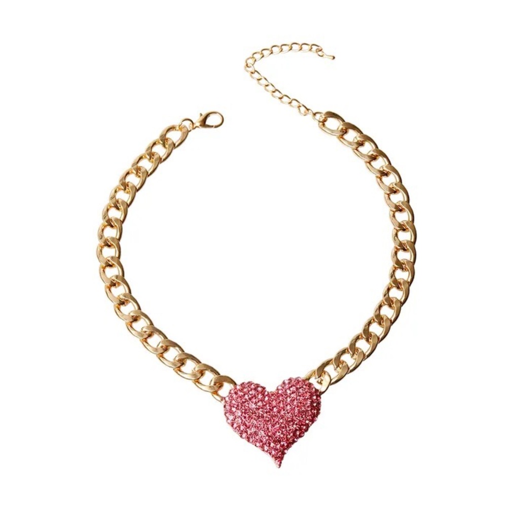 Pink Rhinestone Heart Gold Necklace